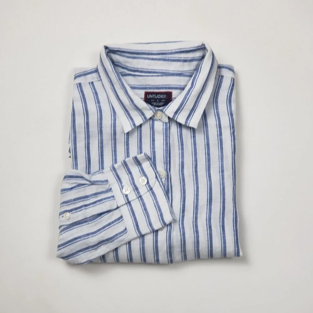 Untuckit Women Button-Up Linen Shirt Wehlen Blue White Stripe NWT/NWOT Pick Size - Picture 11 of 12